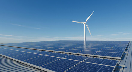 Solar panels mounted on a factory's metal sheet roof with a wind turbine