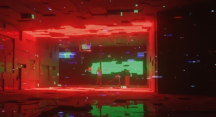 Two figures stand within a futuristic, glitching, red-lit interior space.