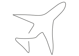Airplane illustration drawn in one continuous black line. A modern outline drawing on a white background, perfect for logos, travel designs, web design, and infographics.