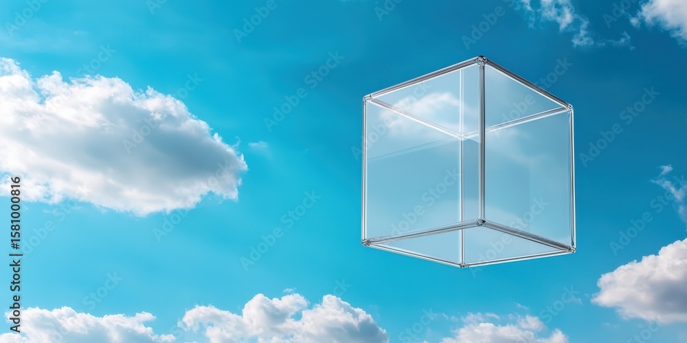 Poster innovation lab creativity brainstorm concept. floating transparent cube in a bright blue sky with cl