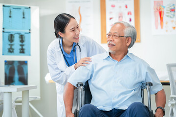 Asian healthcare professionals conduct medical consultations with senior patients using digital...