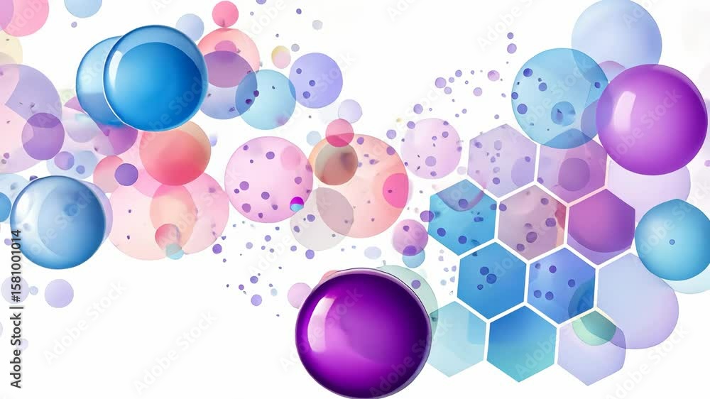 Poster vibrant circular and hexagonal shapes interact harmoniously, showcasing an array of colors and fluid