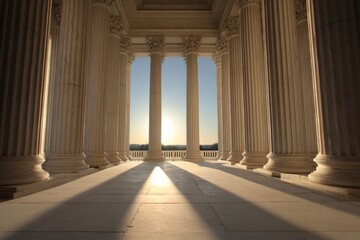 Classical columns bathed in warm sunset light.  Serene and majestic.