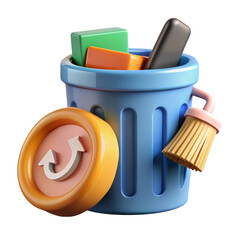 3d illustration of a blue trash can filled with digital items and a refresh icon isolated on transparent background