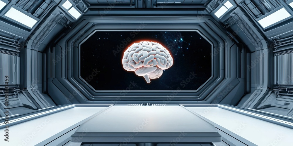 Poster innovation lab creativity brainstorm concept. futuristic view of a brain in a sci-fi environment.