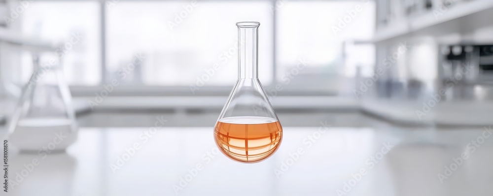 Poster innovation lab creativity brainstorm concept. lab flask with liquid in a bright, modern laboratory s
