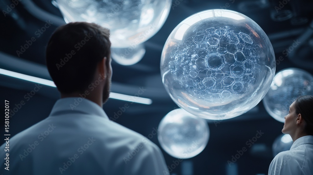 Poster innovation lab creativity brainstorm concept. futuristic scene with scientists observing floating bu