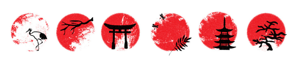 Hand drawn brush red sun with  japanese decorative design elements. Red grunge japanese flag circle stamp set. Ground asian rough icon element pack. Vector textured shapes