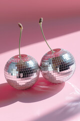 Disco ball cherry with stem on pink background. Modern party fruit concept for celebration design and trendy imagery.