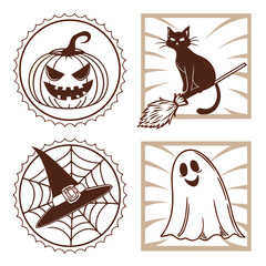 Illustration featuring halloween elements like a pumpkin, cat on a broom, witch hat and a ghost icon set
