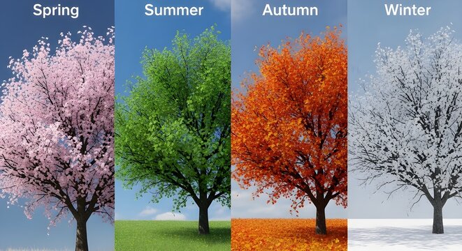 A captivating visual representation of all four distinct seasons, showcasing a single tree transforming through spring blossoms,