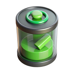 3d green battery icon with metallic casing isolated on transparent background