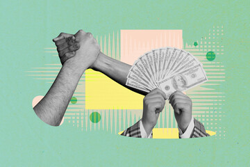 Creative full image artwork pop collage of hands point dollar banknote payment finance capital...