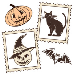 Halloween themed stamps featuring a pumpkin, black cat, skull with witch hat and a bat illustration