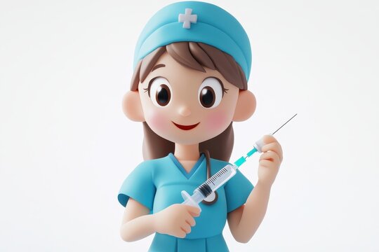 Nurse injecting vaccine 3d render cartoon character on white background