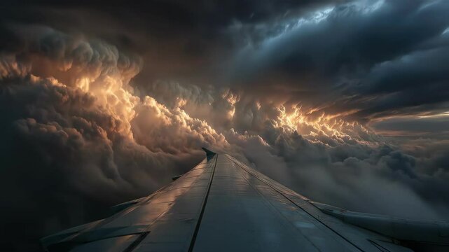 Airplane wing soars above dramatic storm clouds during golden hour
