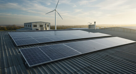 Solar panels mounted on a factory's metal sheet roof with a wind turbine