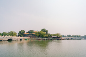 Obraz premium View of the white tower in Beihai Park in Beijing, China.