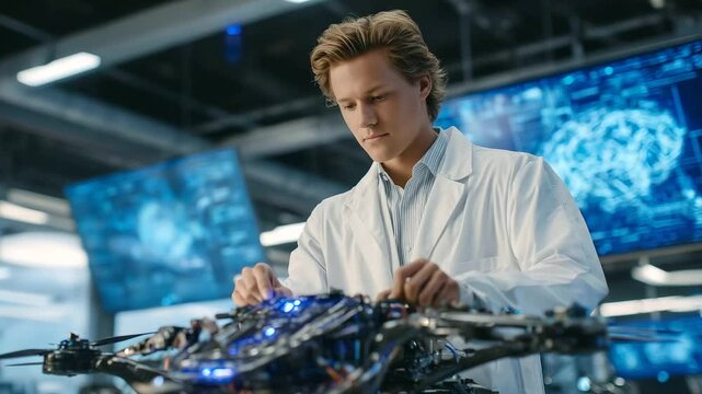 In a futuristic research facility, a male engineer wearing a white coat adjusts precision components on a carbon-fiber UAV frame, digital blueprints glowing on nearby transparent s