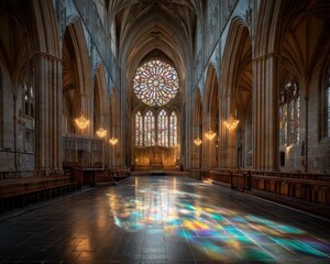 Fototapeta premium Sunlit stained glass illuminates the floor of this majestic cathedral, creating a breathtaking kaleidoscope of color.