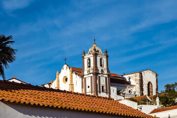 View of modern and historic buildings in the center of Silves, Algarve region, Portugal.