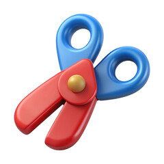 Brightly colored toy scissors with red blades and blue handles isolated on transparent background