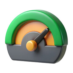 Stylized 3d gauge with green arc and orange dial isolated on transparent background