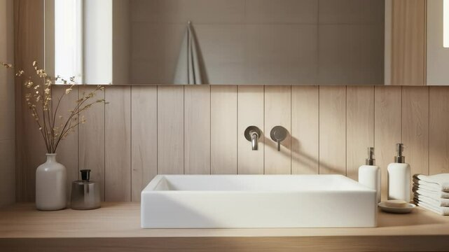 Modern Minimalist Bathroom Interior Design with Elegant Wooden Vanity, White Rectangular Sink, and Clean Aesthetic, Bathed in Natural Light for a Spa-like Retreat.