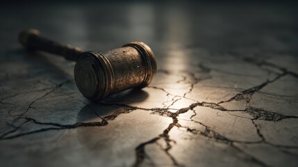 Detailed and Close-Up View of a Law Gavel on a Cracked Surface in Dramatic Lighting for Legal Contexts and Symbolism
