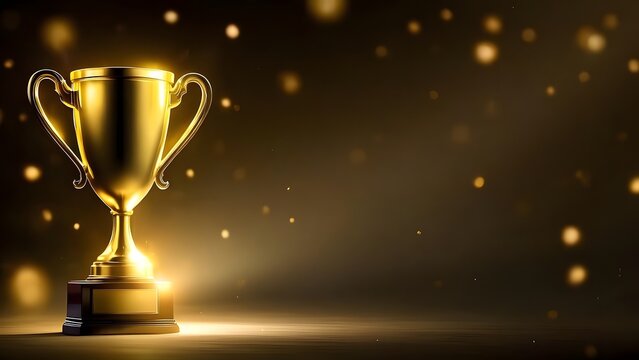 Glowing Gold Trophy on Velvet Podium with Dramatic Spotlight and Subtle Bokeh
