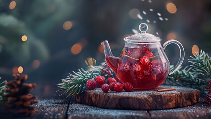 Glass teapot with red berry tea and frosted berries on rustic wood. Cozy winter drink for Christmas and New Year celebration.