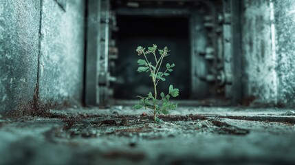 Resilient Plant Growing Through Concrete in Abandoned Industrial Setting, Symbolizing Life and Nature's Power Over Urban Decay