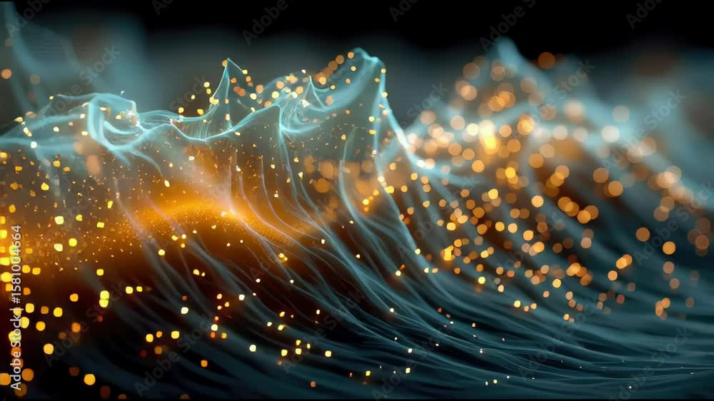 Poster abstract glowing energy waves with golden particles flowing smoothly in a surreal fluid motion acros