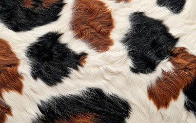 Cowhide textile brown, black, and white fur texture background. Animal hair pattern detail. Natural skin surface for design.