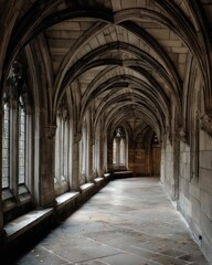 Fototapeta premium A long, dimly lit stone corridor with arched ceilings and tall windows.