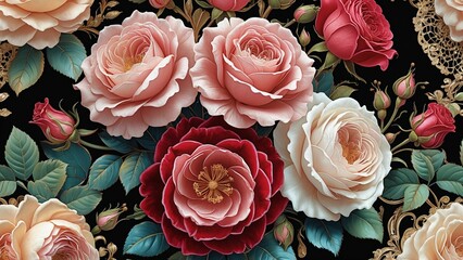 Victorian style background with blooming roses; vintage floral background 