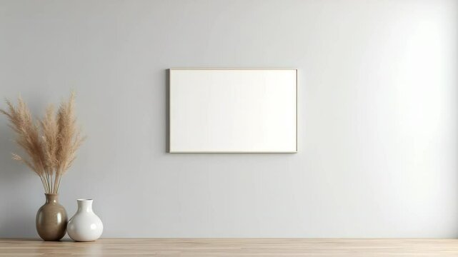 A clean, minimalist virtual background with a neutral gray wall and a piece of abstract art.
