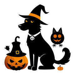 Halloween Pets in Costume Featuring Dog Pumpkin Outfit and Cat Witch Hat in Black Silhouette on White Background

