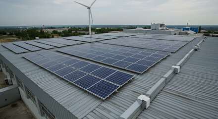 Solar panels mounted on a factory's metal sheet roof with a wind turbine