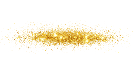 Golden sparkles and glitter effects featuring dynamic shimmering particles, soft glowing bokeh spheres, and radial starbursts against a transparent isolated background with no shadows. Concept for
