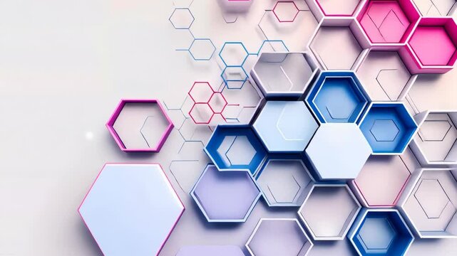 An artistic display features colorful hexagonal shapes and vibrant patterns, showcasing abstract design elements in a creative arrangement