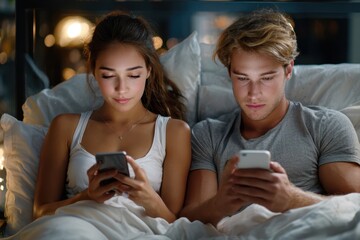 Young couple relaxing together in bed while using their smartphones at night