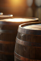Oak wood barrel for storing wine, whiskey, or beer. Large dark wooden cask with metal bands and rich texture.