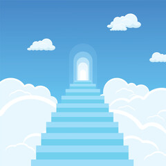 Stairway to heaven with clouds in the sky. Glowing door in the sky. Climbing up. Reaching the goal.