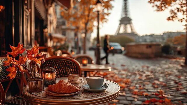 Cozy autumn cafe experience in Paris with croissant and coffee near Eiffel Tower