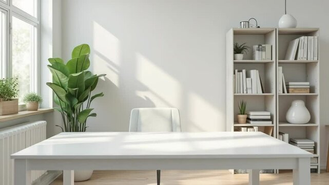 A professional virtual background of a clean, modern home office with a bookshelf and natural light.

