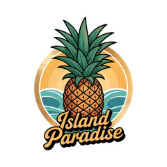 Cartoon Pineapple with Golden Skin Pattern, Green Leaves, and Emblem Style Finish
