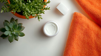 Skincare cream and orange towels with succulent plants