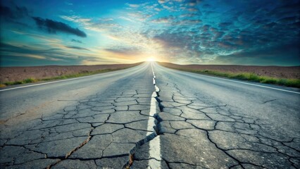 Endless Asphalt Road Ahead, Sun Setting Over Rural Landscape, Showing Cracks in the Pavement