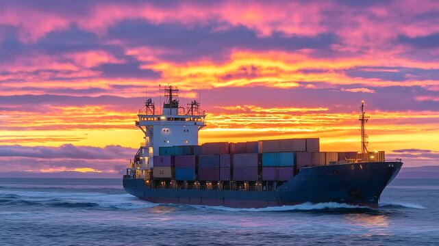 Dramatic view of a container ship as it sails into the horizon, the sky ablaze with sunset fire, highlighting the industrial beauty and rhythm of global maritime logistics
